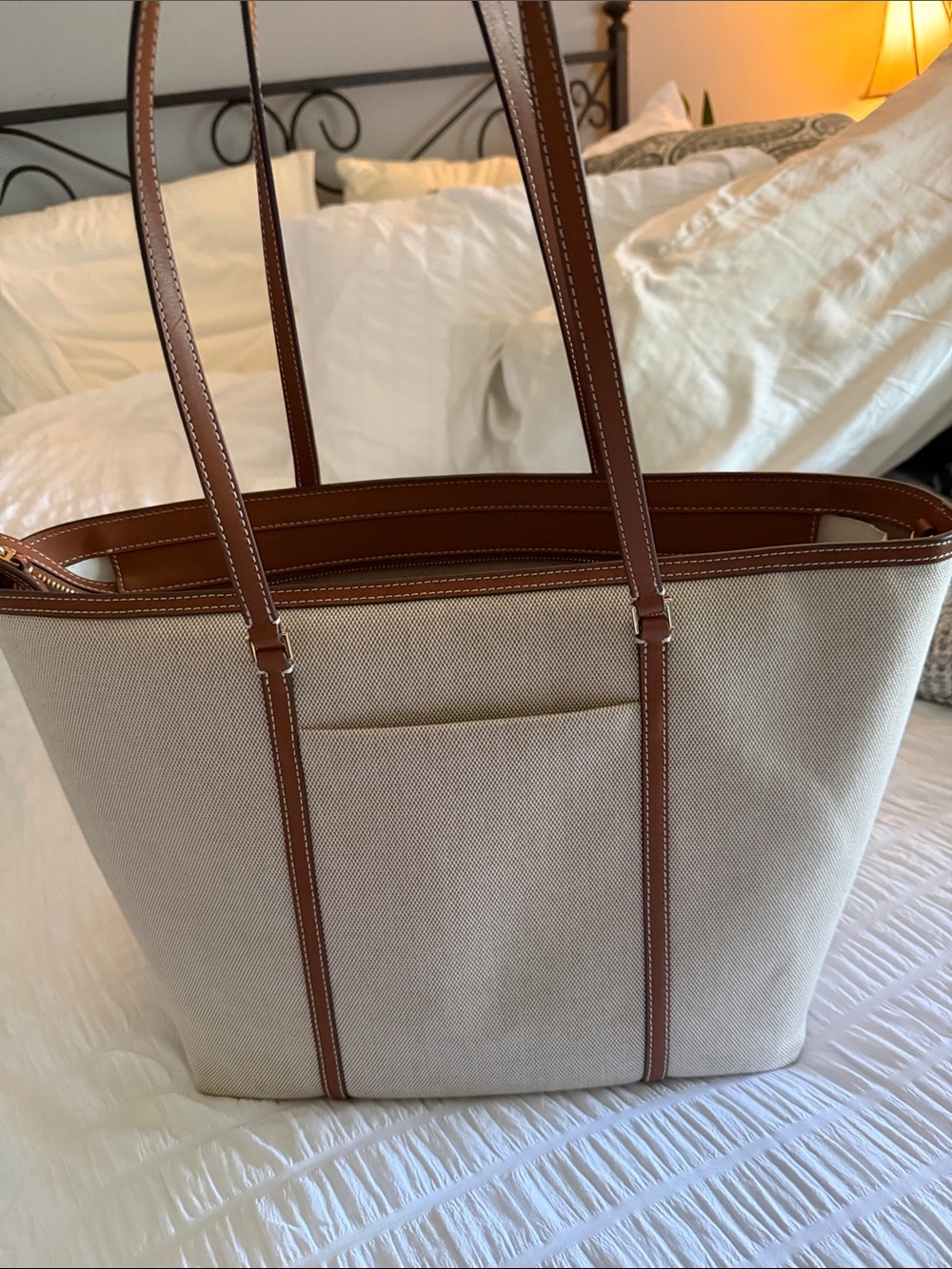 Tory Burch Cream Canvas Tote with Brown Leather Trim and Gold Logo - Picture 2 of 4